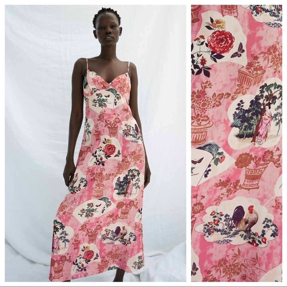 NWT. Zara Pink Printed Midi Dress with V-neckline. Size S. - Picture 5 of 11